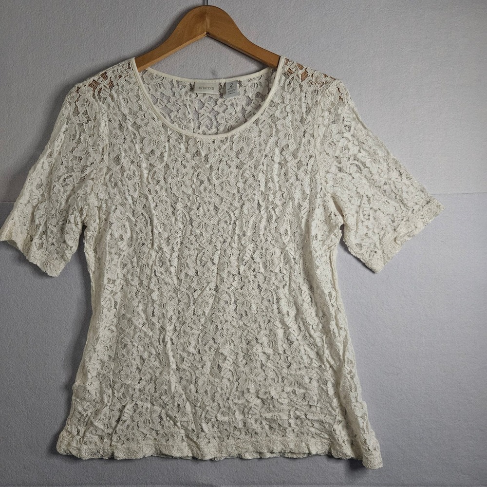 Chico's Ivory Floral Lace Short Sleeve Scoop Neck Top Size 2 Large 4500810077